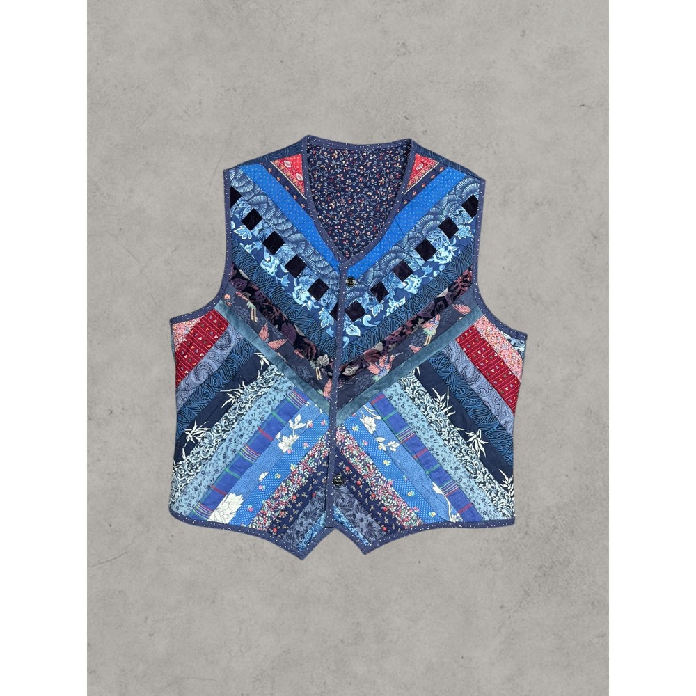 Handmade Patchwork Quilted Vest Blue Floral Paisley Boho Cottagecore Artisan‎
